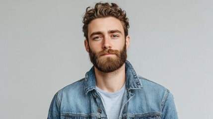 Fototapeta premium Stylish Young Man with Beard and Curly Hair in Denim Jacket Against Neutral Background