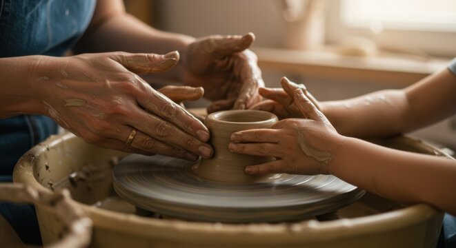 Close-up of adult and child hands working together on a pottery wheel, shaping wet clay, illustrating a shared learning experience in a creative art studio