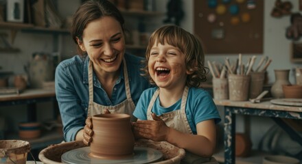 Fototapeta premium Joyful Pottery Mother and Child Creating Together