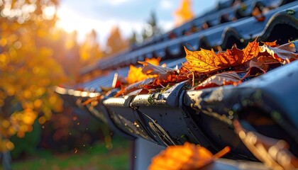 Autumn Leaves Clogged in Gutter with Warm Sunset Light