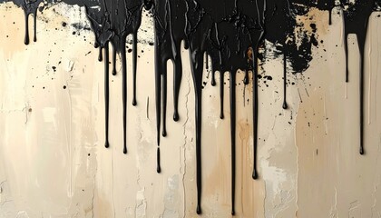 Abstract Black Ink Drips on Beige Background