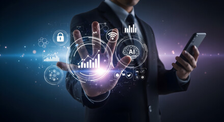Businessman interacting with futuristic digital interface on smartphone showcasing technology innovation and artificial intelligence concepts in a modern corporate setting
