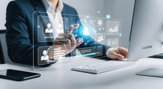 Business professional using futuristic digital interface with holographic icons and data analytics on a laptop in modern office environment for technology innovation and digital transformation - Powered by Adobe