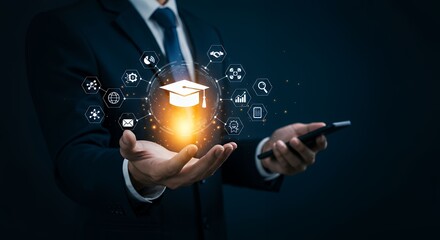 Professional Displaying Glowing Graduation Cap with Interconnected Digital Learning Icons