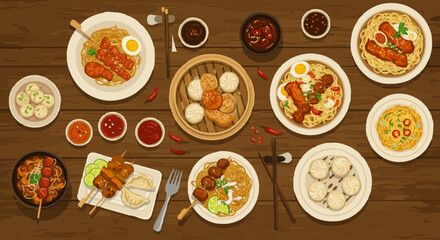 Asian food arrangement on wooden table
