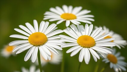 Obraz premium Close-up of fresh daisies with a soft green backdrop, natural light enhancing their delicate beauty.