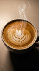 A close-up view of a steaming latte art coffee in a white mug, showcasing a delicate leaf design on top.