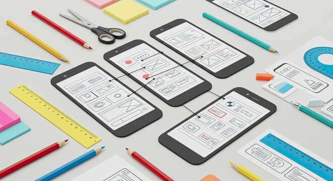 Mobile App UI/UX Design Mockup with Pencils, Rulers, and Stationery.