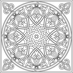 Black-and-white line drawing of a complex mandala or circular ornamental design.