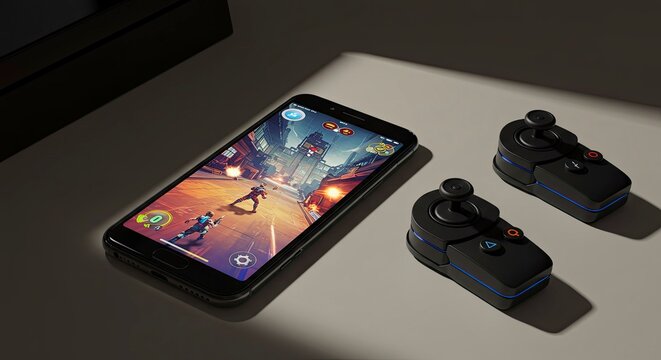 Mobile Gaming Setup: Smartphone, Controllers, Action Game, Modern Technology, Top View.
