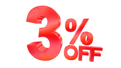 3D 3 percent off sale typography with dark red metallic style and rainbow effect isolated on a transparent background. Visual element for promotions and graphic design.