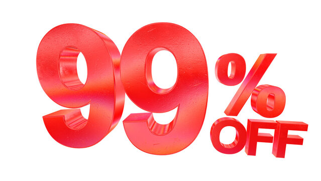 3D 99 percent off sale typography with dark red metallic style and rainbow effect isolated on a transparent background. Visual element for promotions and graphic design.