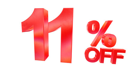 3D 11 percent off sale typography with dark red metallic style and rainbow effect isolated on a transparent background. Visual element for promotions and graphic design.