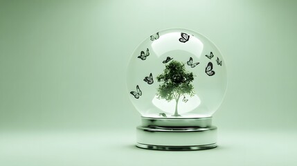 globe. A glass globe containing a miniature tree with floating butterflies, symbolizing nature and wonder. ESG reports.