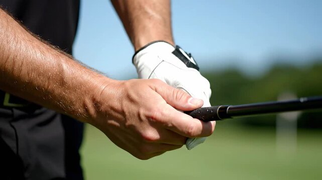 Close up of a golfer gripping a club ready to swing.