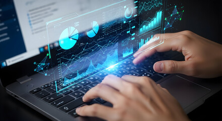 Analyzing Digital Data on a Laptop with Futuristic Overlays Showing Growth and Trends