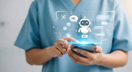 Healthcare Professional Using Smartphone with AI Chatbot Technology for Patient Assistance and Medical Communication in Modern Medical Environment