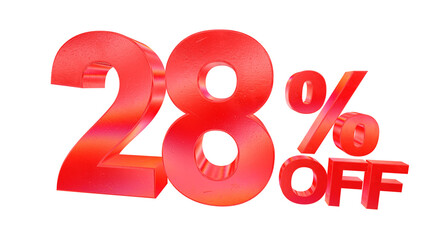 3D 28 percent off sale typography with dark red metallic style and rainbow effect isolated on a transparent background. Visual element for promotions and graphic design.