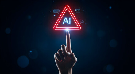 Futuristic AI warning alert symbol with glowing neon triangle and hand pointing up in a digital technology concept scene for innovative AI safety and security