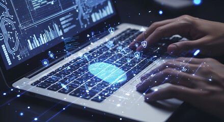 Futuristic technology concept with a developer working on a laptop with an augmented reality interface for data analysis