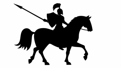 Powerful Spartan warrior silhouette riding horse with spear ready for battle in ancient times