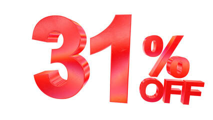3D 31 percent off sale typography with dark red metallic style and rainbow effect isolated on a transparent background. Visual element for promotions and graphic design.