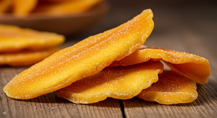 Golden Sun-Kissed Dried Mango Slices Stacked on Rustic Wooden Surface.