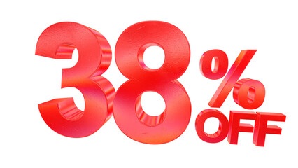 3D 38 percent off sale typography with dark red metallic style and rainbow effect isolated on a transparent background. Visual element for promotions and graphic design.