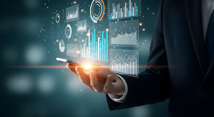 Businessman Using a Smartphone with Digital Data Analytics and Graphs Overlay for Data Analysis and Business Insights in a Modern Office Setting