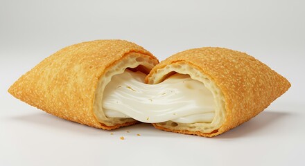 Golden-Brown Pizza Pocket Cut Open, Revealing Creamy White Cheese Filling on White Background.