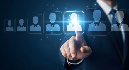 Business professional selecting digital profile icon in futuristic interface representing online identity management and digital networking solutions