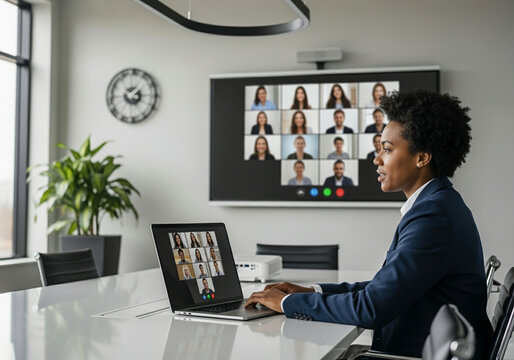 Businesswoman leading a virtual team meeting in a conference room, a concept of remote work and digital collaboration