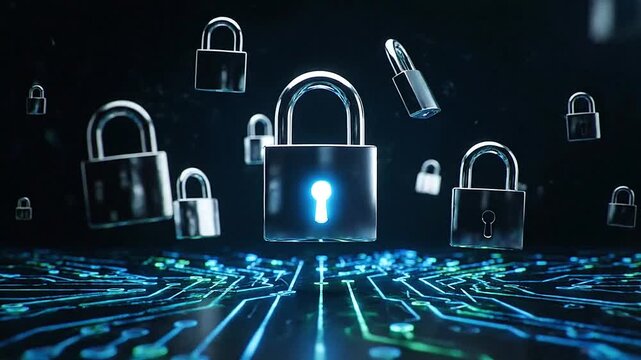 Cinematic cybersecurity concept with locks floating over glowing circuits  