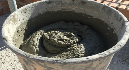 Gray Mortar Mixture in Construction Bucket, Close-up View.