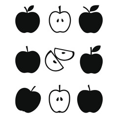 A Collection of Apple Icons Depicting Whole, Sliced, and Halved Fruits with Variations in Stems and Leaves in Black and White
