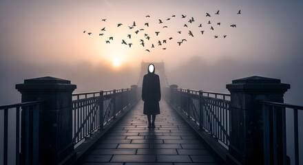 A solitary figure in a featureless mask stands on a fog-shrouded bridge, gazing at birds flying into the golden dawn, embodying themes of transition and unknown paths