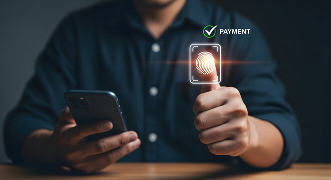 Close-up of person using smartphone with fingerprint scan and digital payment icon for secure mobile transaction technology in modern banking scene - Powered by Adobe