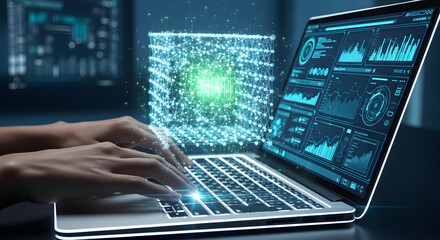 Analyst working with a futuristic business intelligence dashboard, processing big data with a holographic interface for advanced analytics
