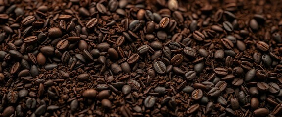 Obraz premium Dark brown coffee grounds, rich aroma, close-up, natural, drink
