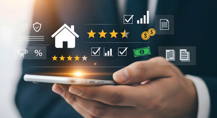 Businessman Holding Smartphone with Digital Home Security and Financial Icons Overlaid for Smart Home Technology and Security Solutions