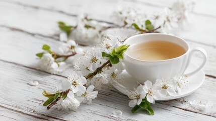 White Tea Cup and Delicate Blossom Branch on White Wooden Table.