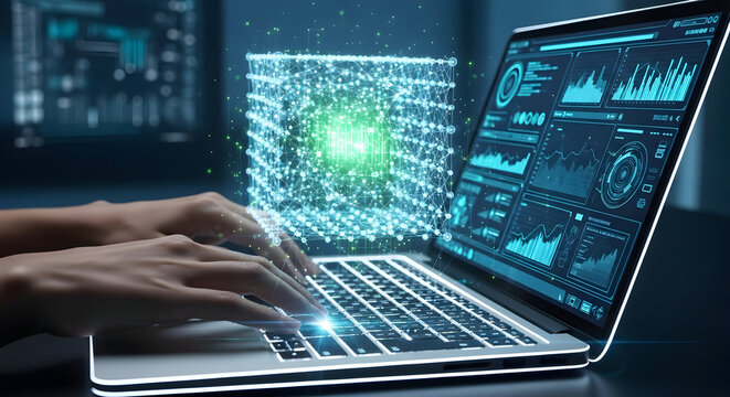 Analyst working with a futuristic business intelligence dashboard, processing big data with a holographic interface for advanced analytics