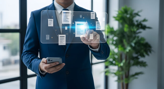 Business professional using futuristic transparent digital interface with smartphone in modern office environment showcasing technology innovation and digital transformation