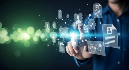 Futuristic digital interface with floating icons representing data profiles and technology concepts for innovative business and cybersecurity solutions