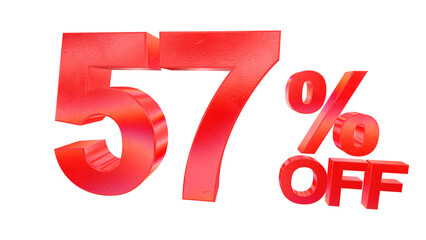 3D 57 percent off sale typography with dark red metallic style and rainbow effect isolated on a transparent background. Visual element for promotions and graphic design.