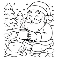 Santa and Capybara in Hot Spring Drinking Cocoa Coloring Page
