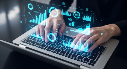 Hands typing on a laptop with data visualization overlay, business technology concept