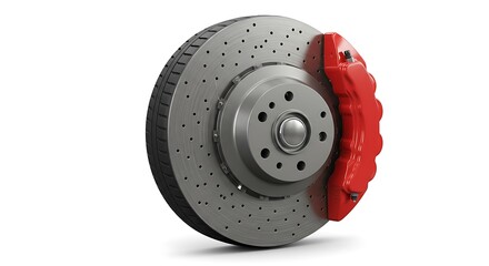 High-Performance Car Brake Disc and Red Caliper Isolated on White Background.