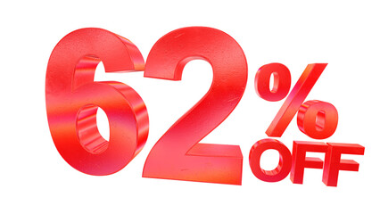 3D 62 percent off sale typography with dark red metallic style and rainbow effect isolated on a transparent background. Visual element for promotions and graphic design.