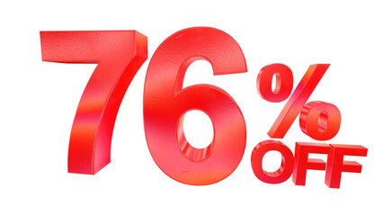 3D 76 percent off sale typography with dark red metallic style and rainbow effect isolated on a transparent background. Visual element for promotions and graphic design.